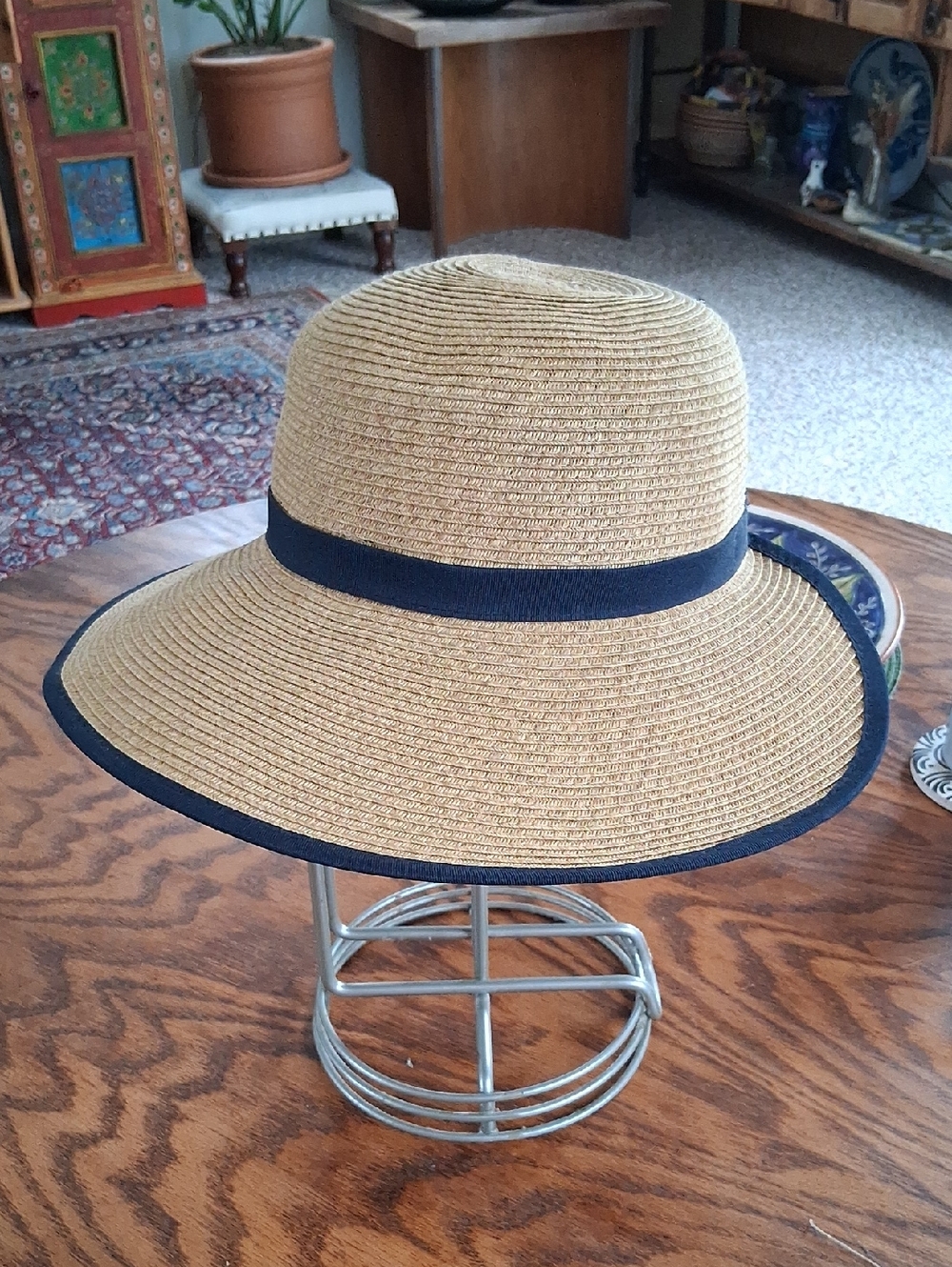 Sun And Sand Rafia Navy Trim  Backless Wide Brim Summer Beach Hat - Picture 8 of 9